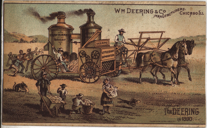 Illustrated advertisement card for WM. Deering and Company agricultural implements depicting a Deering machine in the field.