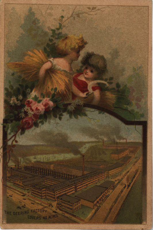 Illustrated advertisement for William Deering and Company agricultural implements depicting the Deering factory.