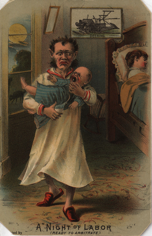 Illustrated advertisement card for mowers offered by the Deering Harvester Company depicting two mowers and a man caring for a child at night.