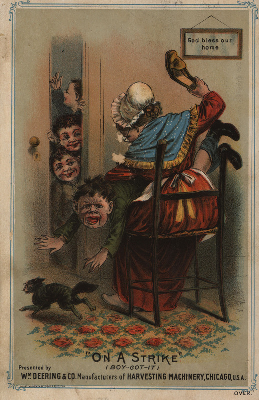 Illustrated advertisement for WM. Deering and Company depicting an agricultural implement and a woman punishing a child.
