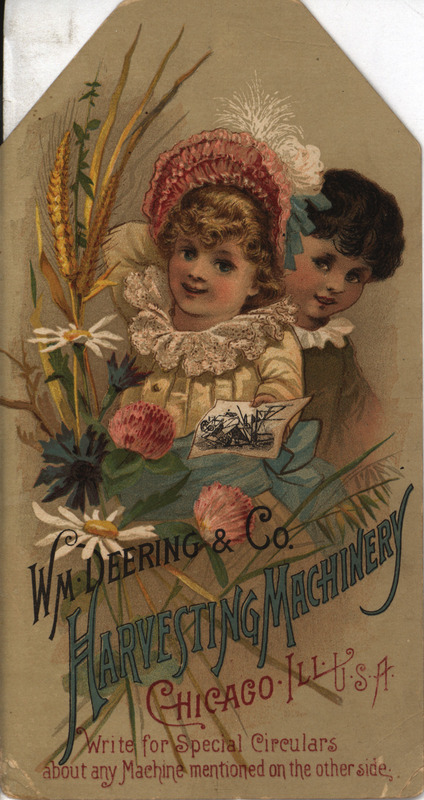 A set of advertisement cards for harvesting machinery offered by WM. Deering and Company depicting agricultural implements.