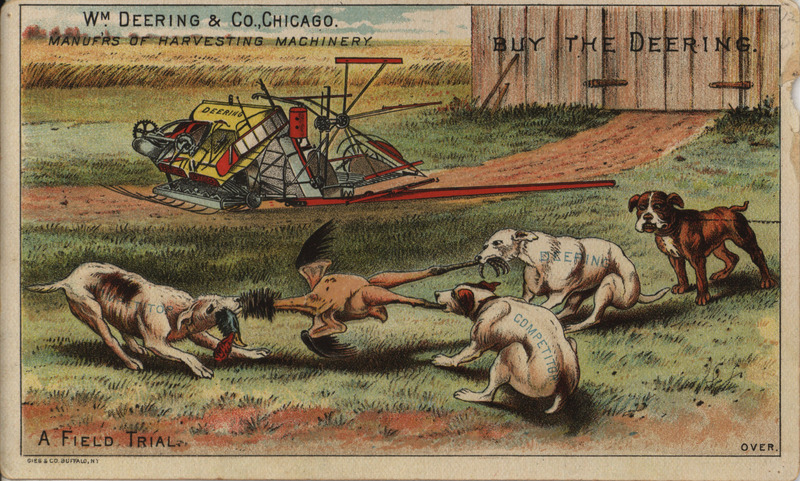 Illustrated advertisement card for WM. Deering and Company depicting dogs fighting over a turkey.
