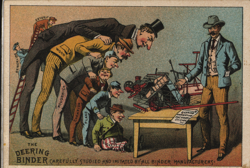 Illustrated advertisement card for the Deering Steel Binder offered by WM. Deering and Company depicting a group of men looking at a model of the binder.