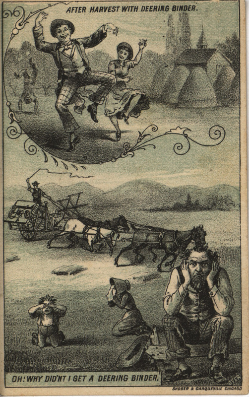 Illustrated advertisement card for the Deering Twine Binder offered by William Deering and Company depicting a family with the binder dancing while one without wallows.