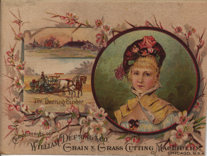 Illustrated advertisement card for the grain and grass cutting machinery offered by William Deering and Company depicting a binder in the field and a woman.