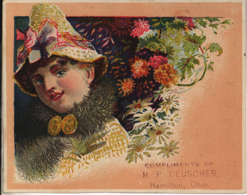 Illustrated advertisement card for the Hamilton Corn Planter offered by H. P. Deuscher Company depicting a woman and the agricultural implement.