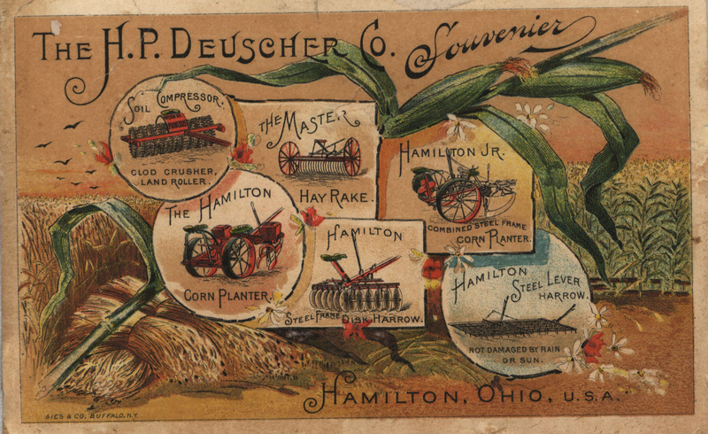Illustrated advertisement card for agricultural implements offered by H. P. Deuscher Company.