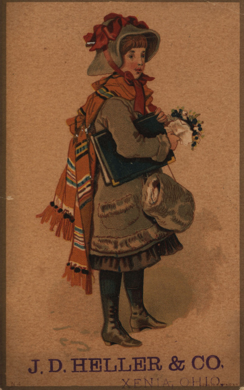 Illustrated advertisement card for the agricultural implements offered by the H. P. Deuscher Company, depicting a young girl.