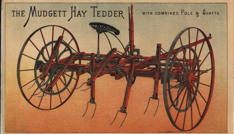Illustrated advertisement card for the mudgett hay tedder offered by John Dodds Company.