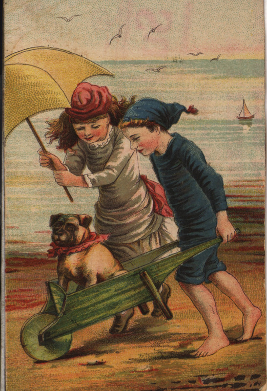 Illustrated advertisement card for the sulky hay rakes offered by John Dodds Company depicting, children pushing a dog in a wheelbarrow.