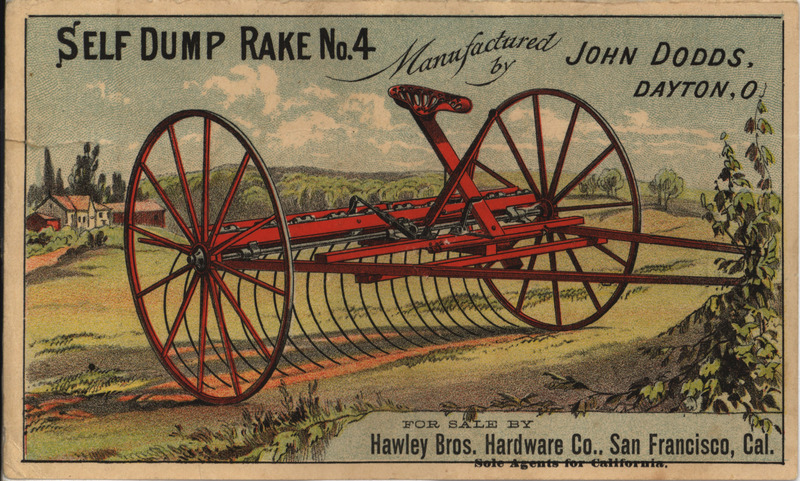 Illustrated advertisement card for the self dump rake offered by John Dodds Company, depicting the rake in a field.