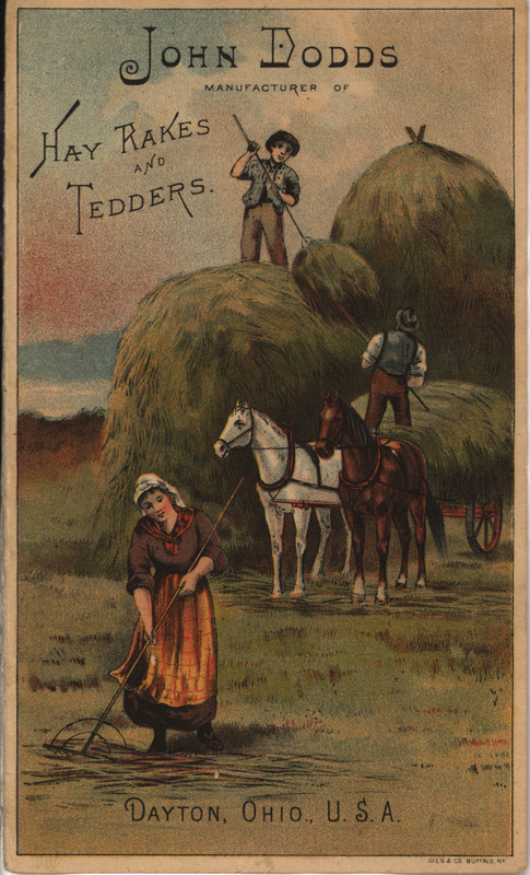 Illustrated advertisement card for the hay rakes and tedders offered by the John Dodds Company.