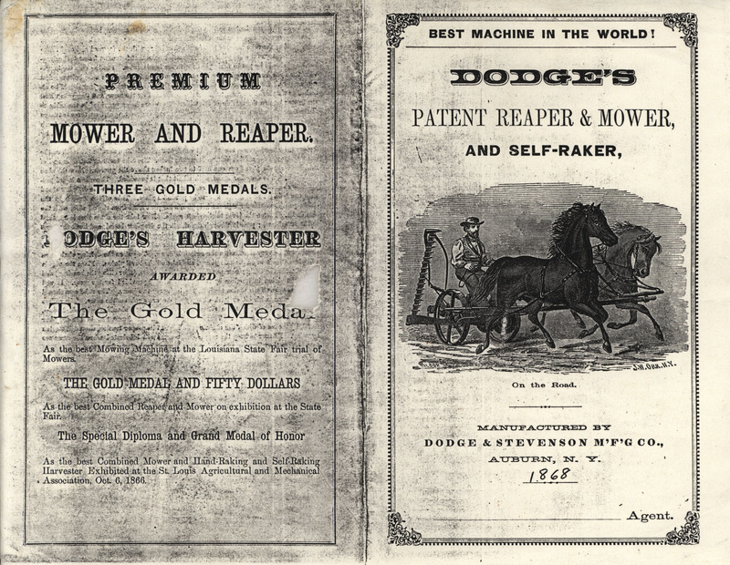 Reproduction of an illustrated catalog for the reaper, mower and self-raker offered by Dodge and Stevenson Manufacturing Company in 1868.
