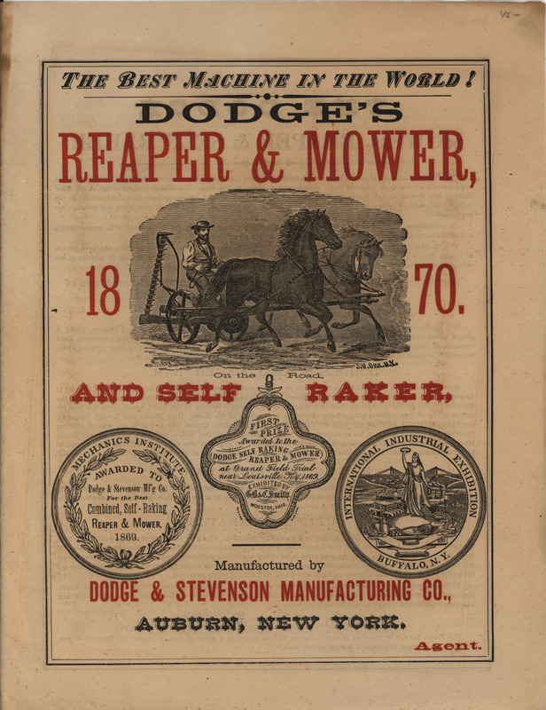 Illustrated catalog describing the reapers, mowers, self rakers and other related products offered by Dodge and Stevenson Manufacturing Company.