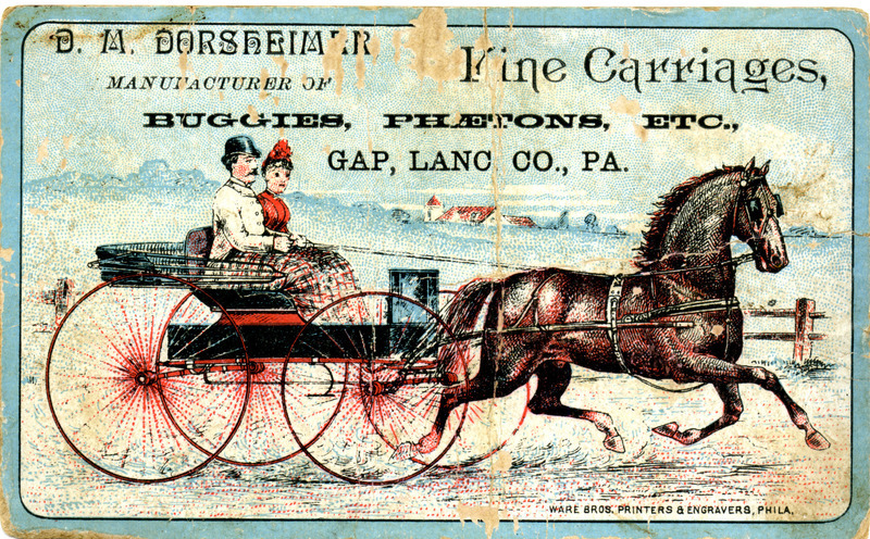 Illustrated advertisement card for the Kine Carriages offered by D. M. Dorsheimer Company, depicting a single horse carriage with a man and woman on it.
