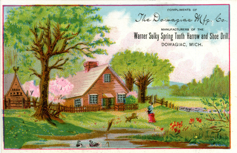 Illustrated advertisement card for the Dowagiac Manufacturing Company, depicting a blooming farmstead.