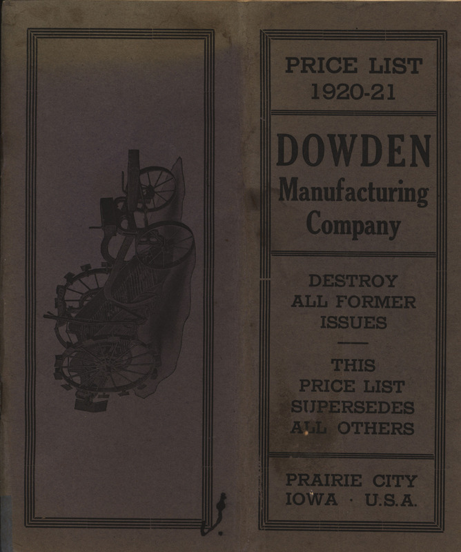 Illustrated price list for the agricultural implements and related products offered by Dowden Manufacturing Company in 1920-1921.