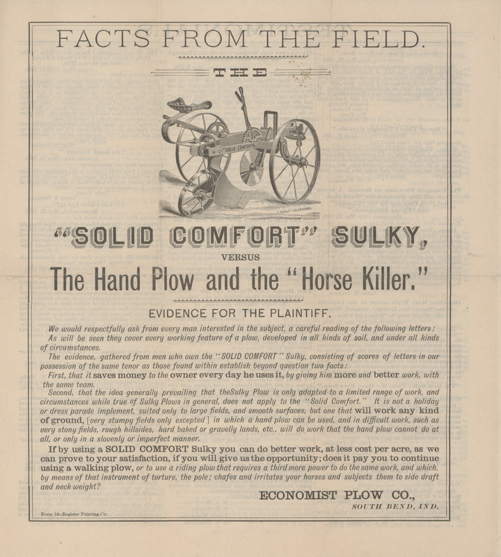 Advertisement pamphlet for the agricultural products offered by Economist Plow Company, including testimonials from the field.
