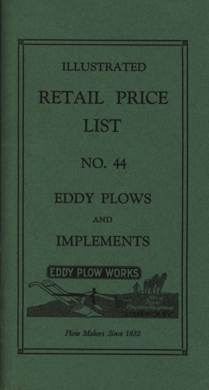 Illustrated price list for the plows, agricultural implements and related products offered by Eddy Plow Works.