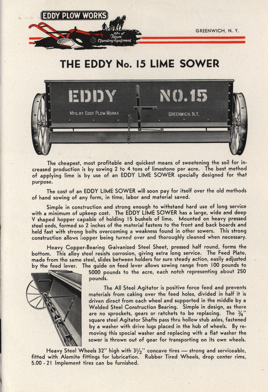 Illustrated advertisement describing the No. 15 Lime Sower offered by Eddy Plow Works.