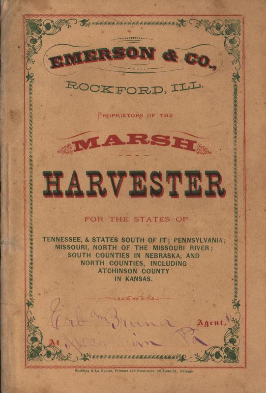 Catalog describing the marsh harvester and related products offered by the Emerson and Company.