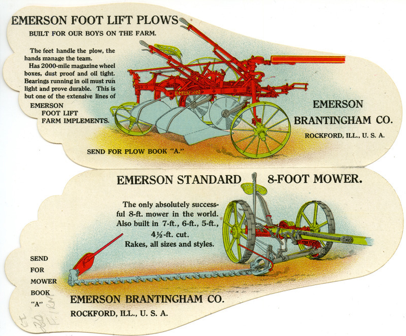 Illustrated advertisement for the Emerson foot lift plows and the eight foot mowers. The advertisement is in the shape of a foot and depicts the machines.