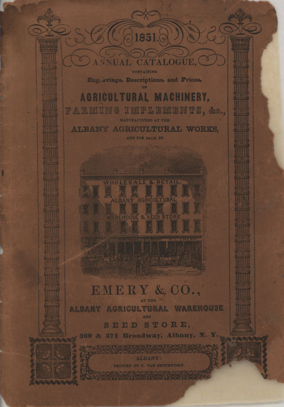 Illustrated catalog describing the agricultural machinery offered by Emery and Company in 1851.
