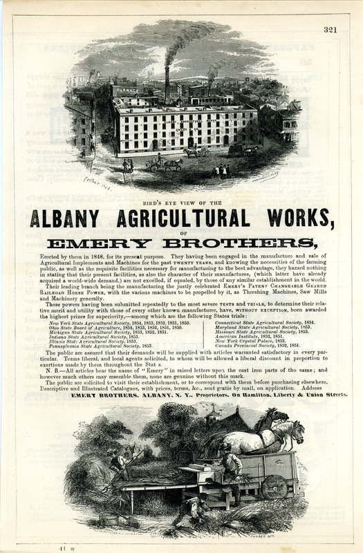 Illustrated advertisement for Albany Agricultural Works showing the factory and giving a history of the company.