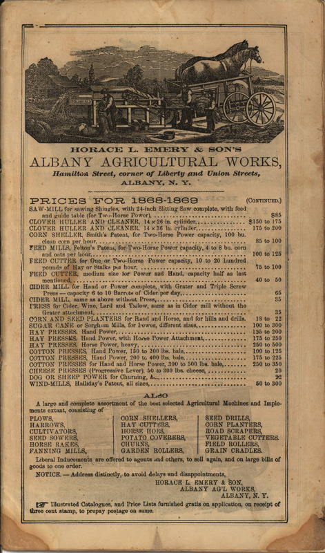 Illustrated catalog describing the products offered by Albany Agricultural Works in 1868-1869, including a price list.