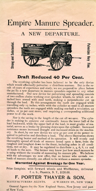 Illustrated advertisement describing the Empire manure spreader offered by F. Porter Thayer and Son.