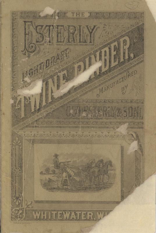 Illustrated catalog describing the Esterly Light Draft Twine Binder and related agricultural products offered by Geo. Esterly and Son in 1883.