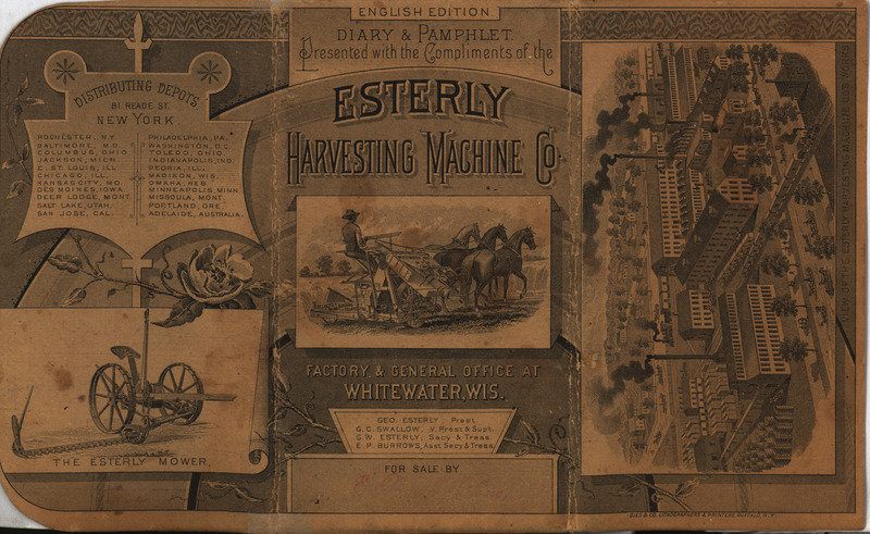 Pocket book for Esterly Harvesting Machine Company from 1885 including calendar, advertisements and notebook pages.