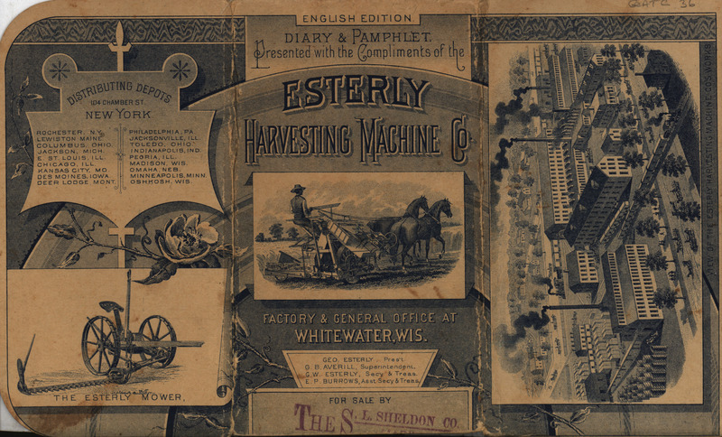 Pocket book produced for farmers by the Esterly Harvesting Machine Company, includes advertisements, a calendar and notebook pages.