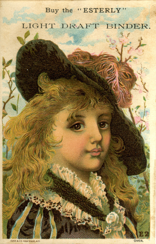 Illustrated advertisement card for a light draft binder offered by Esterly Harvesting Machine Company, depicting a child in the field and the machine at work.