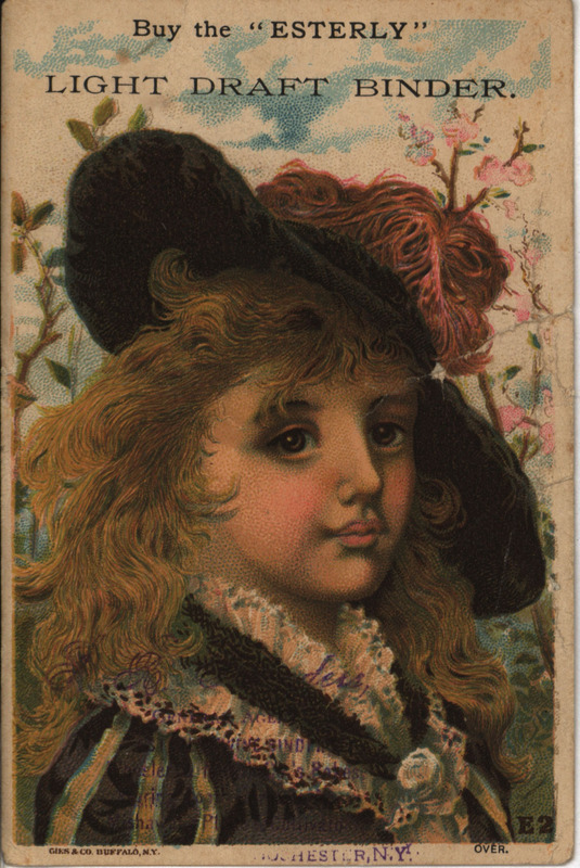 Illustrated advertisement card for the light draft binder offered by Esterly Harvesting Machine Company, depicting a child in the field and the machine at work.