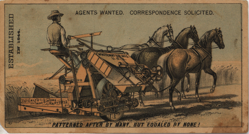 Illustrated advertisement card for Esterly Harvesting Machine Company depicting a harvester in the field and repair parts.