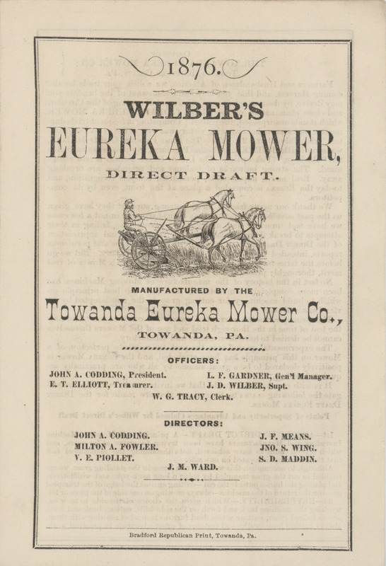 Illustrated catalog describing the agricultural implements offered by Towanda Eureka Mower Company in 1876.