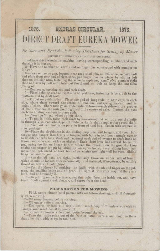 Catalog describing repair and extra parts for agricultural implements offered by Towanda Eureka Mower Company.
