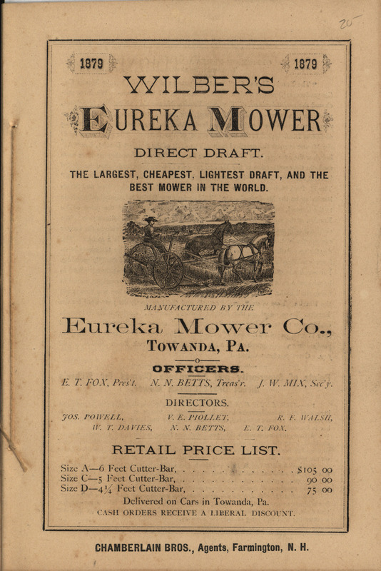Illustrated catalog describing the agricultural products offered by Eureka Mower Company in 1879, including a price list and directions for use.