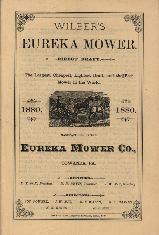 Illustrated catalog describing the agricultural products offered by Eureka Mower Company, including a price list and directions for use.