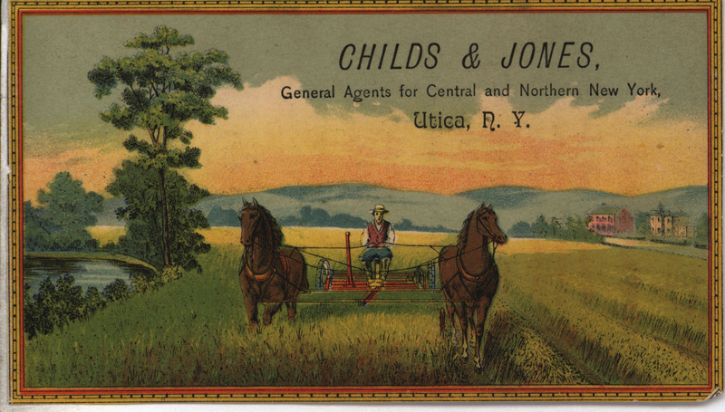 Illustrated advertisement card for Eureka Mower Company and their agents depicting a mower in the field.