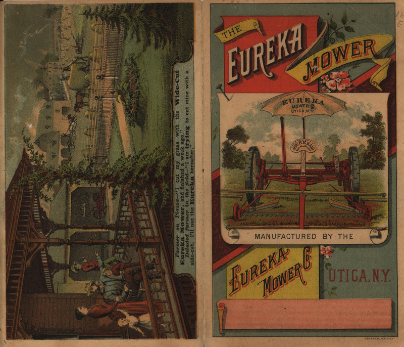 Illustrated advertisement for Eureka Mower Company depicting a farmer who owns a Eureka mower resting while his neighbor works.