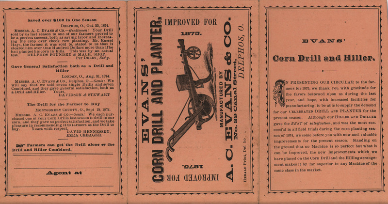 Advertising pamphlet for the corn drill and planters offered by A. C. Evans and Company in 1875.