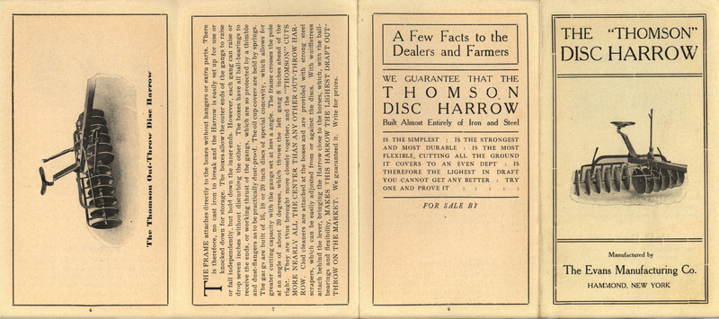 Illustrated advertising pamphlet for the Thomson Disc Harrow offered by the Evans Manufacturing Company.