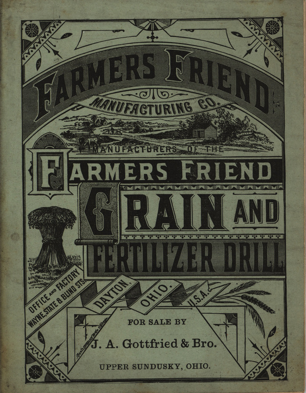 Illustrated catalog describing the agricultural drills and related products offered by Farmers Friend Manufacturing Company in 1879.
