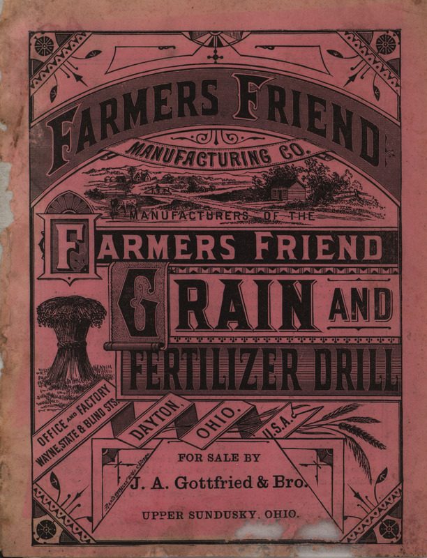 Illustrated catalog describing the agricultural drills and related products offered by Farmers Friend Manufacturing Company in 1879.