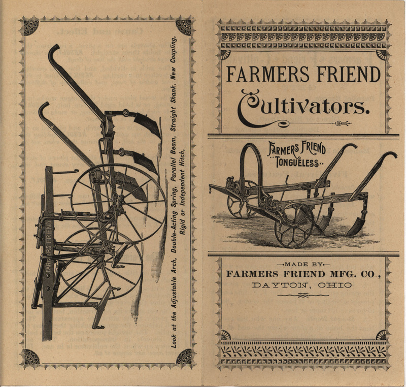 Illustrated advertising pamphlet describing the agricultural cultivators offered by Farmers Friend Manufacturing Company.