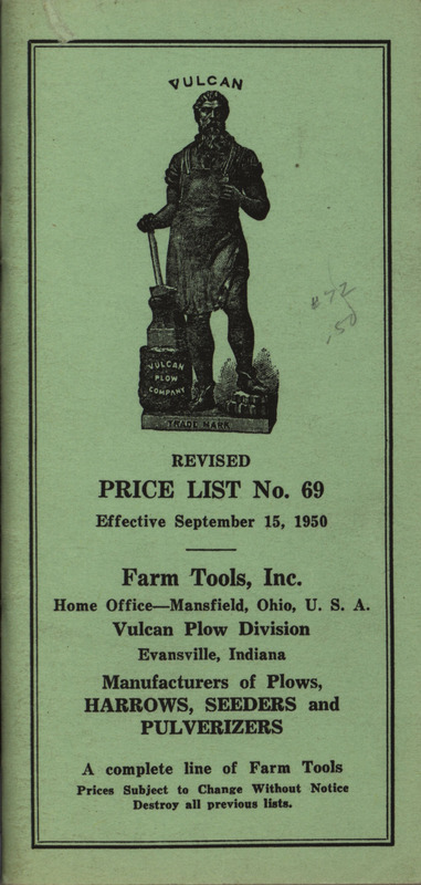 Vulcan Plow Company agricultural machinery catalog and price listings. Contains illustrations and descriptions of machinery.