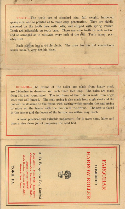 Double-sided informational pamphlet describing the Farquhar Combined Harrow-Roller. Details include different parts of the agricultural machinery including the harrow frame, tooth bars, teeth, and roller.