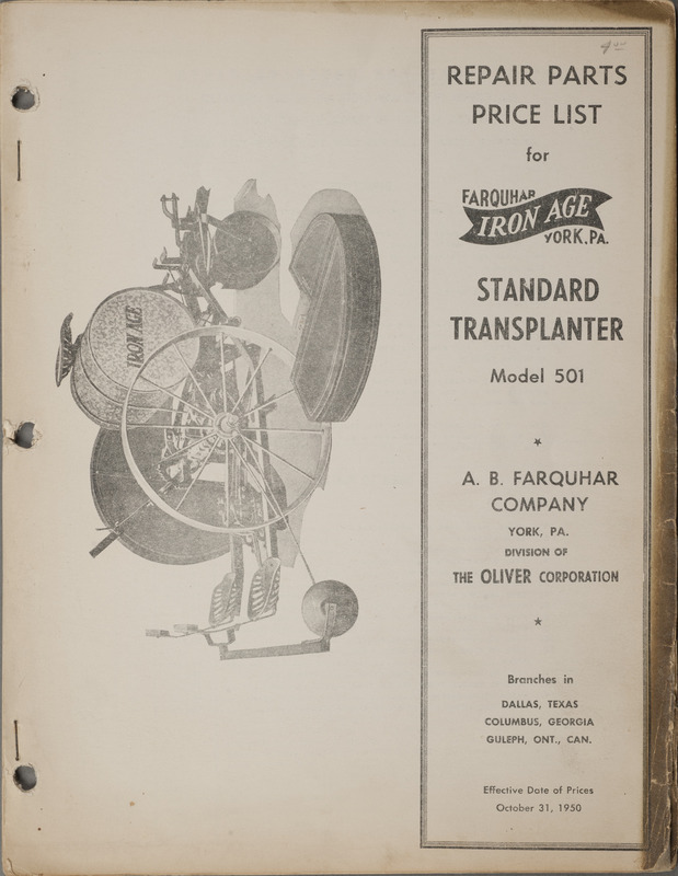 Illustrated repair parts price list for the standard transplanter offered by the A. B. Farquhar Company.